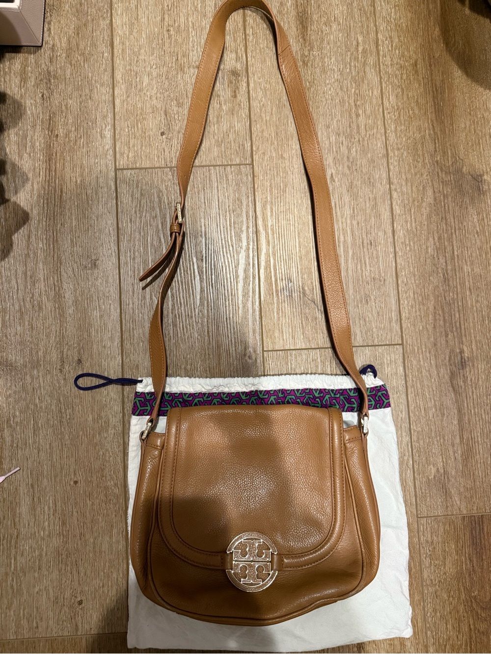 Tory Burch Cognac Leather Crossbody with Logo Medallion